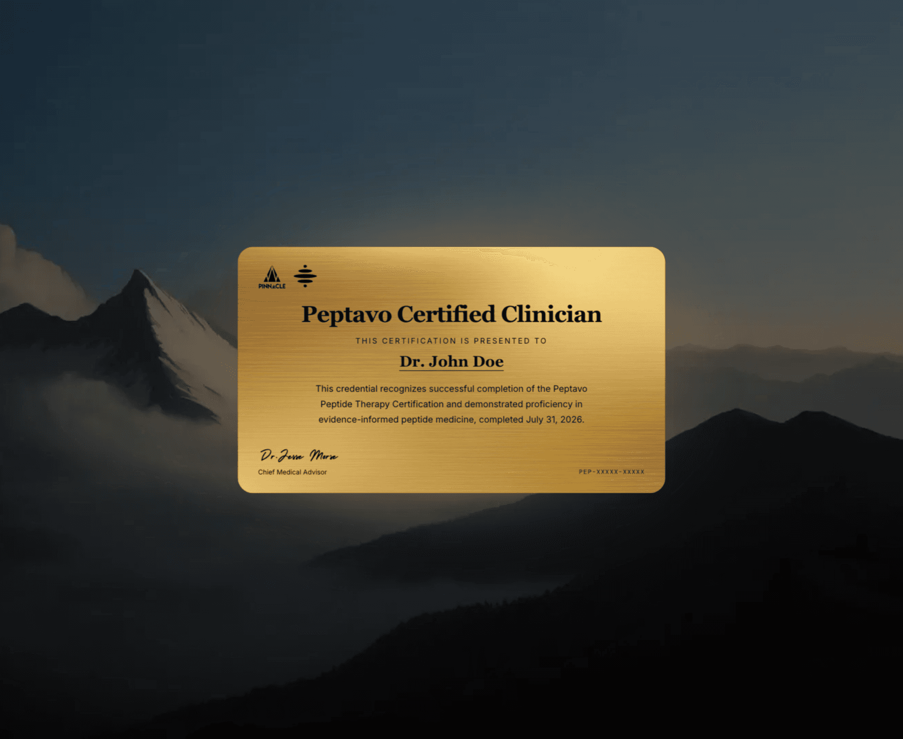 A Peptavo certificate of completion, showing the certificate number that resolves in the public registry.